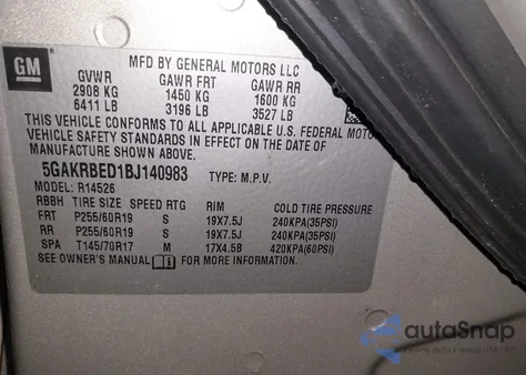 2011 Buick Enclave 1Xl из США, поврежденный, VIN 5GAKRBED1BJ140983